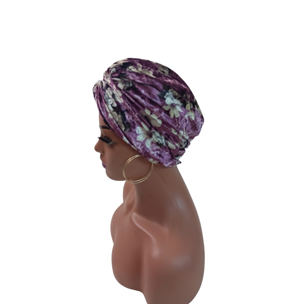 Purple‎ Floral Velvet Front Twist Turban Stretch Headpiece Hijab Cap Modest Wear - Picture 3 of 5